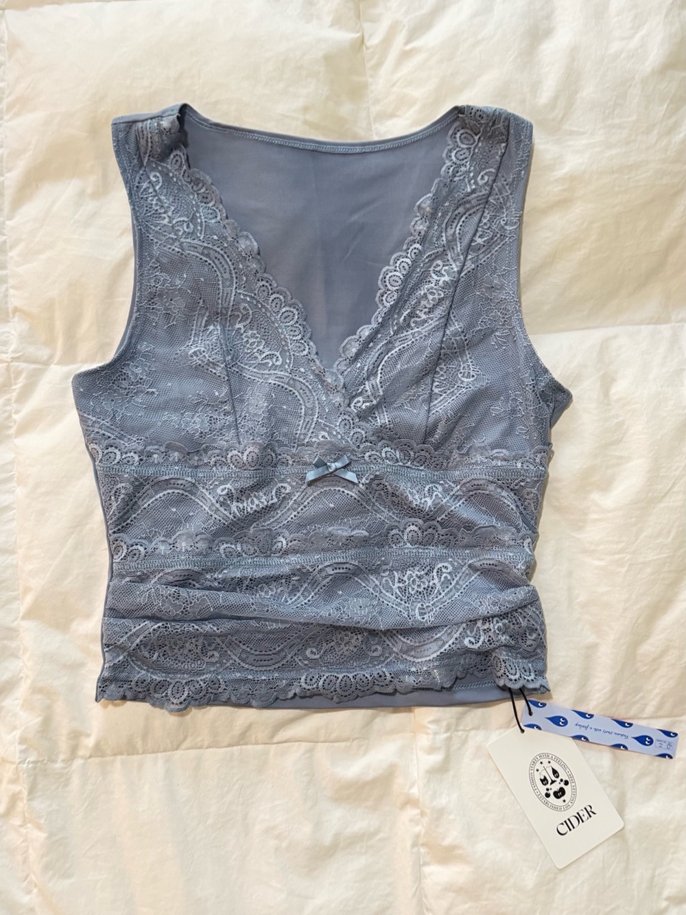 NWT CIDER Dusty Blue Lace V-Neck Tank Top  | Size M